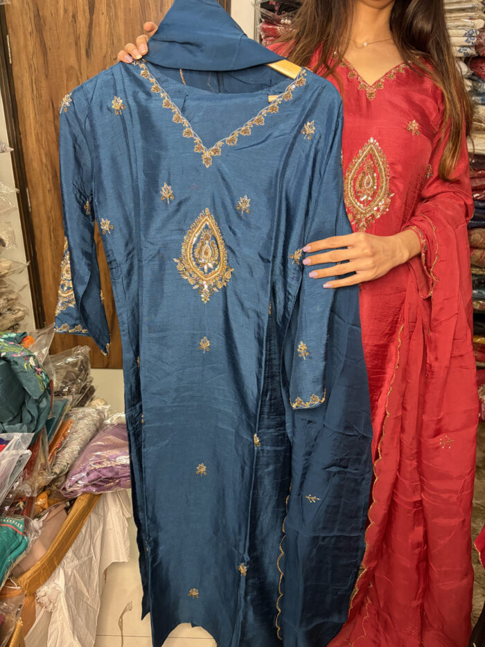 Antique Work Dola Silk Suit - Image 7