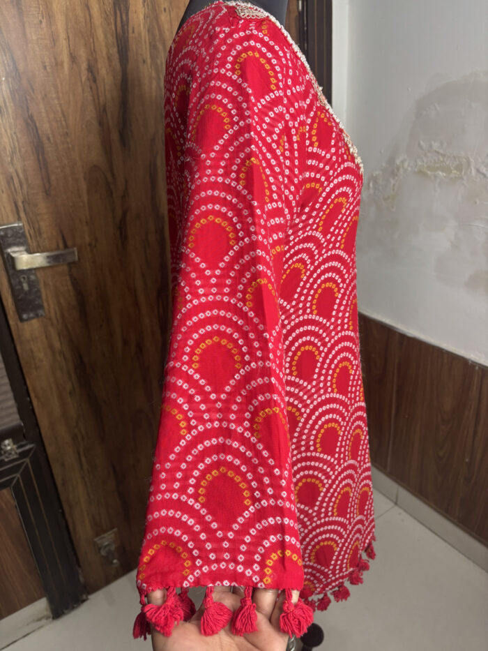 Red Bandhani Printed Embroidered Sharara - Image 6
