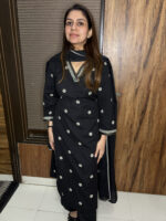 Black V Neck Cotton Suit