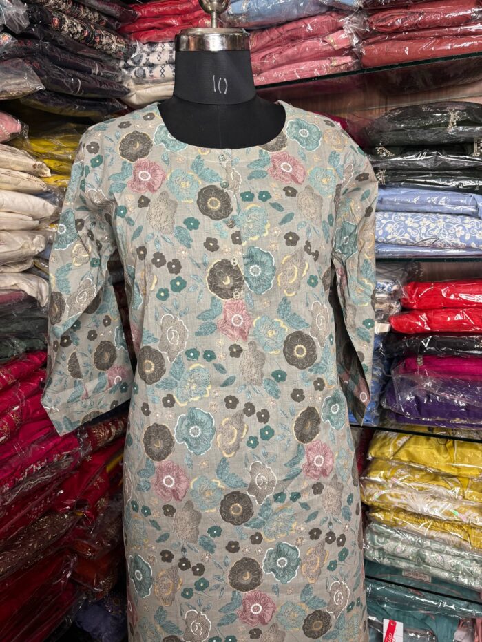 Grey Multi Color Floral Design Cotton Kurti - Image 5
