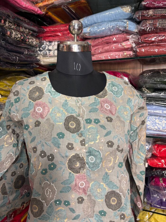 Grey Multi Color Floral Design Cotton Kurti - Image 6