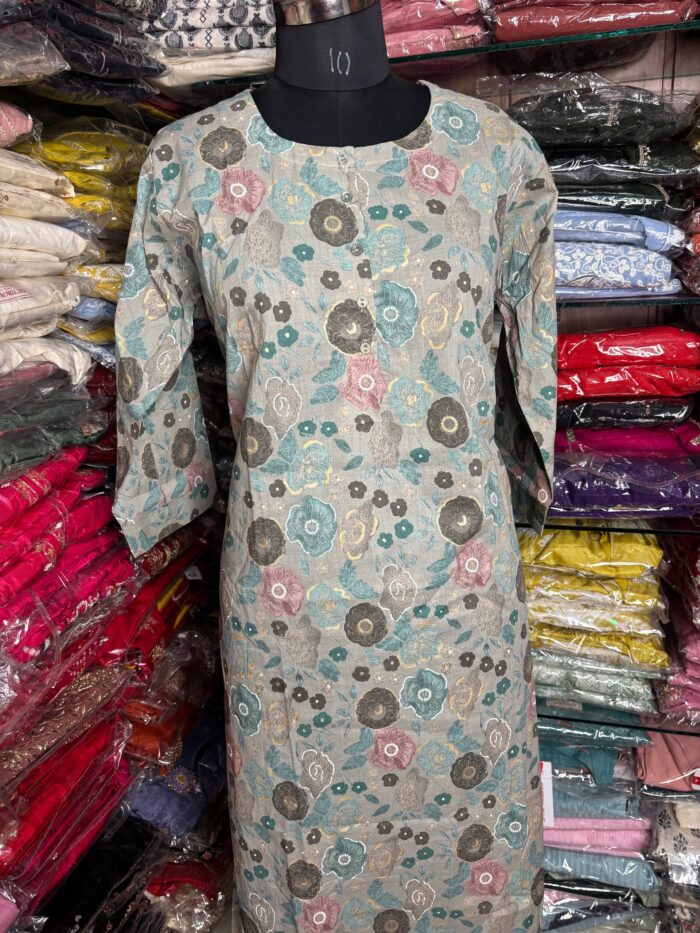 Grey Multi Color Floral Design Cotton Kurti - Image 2